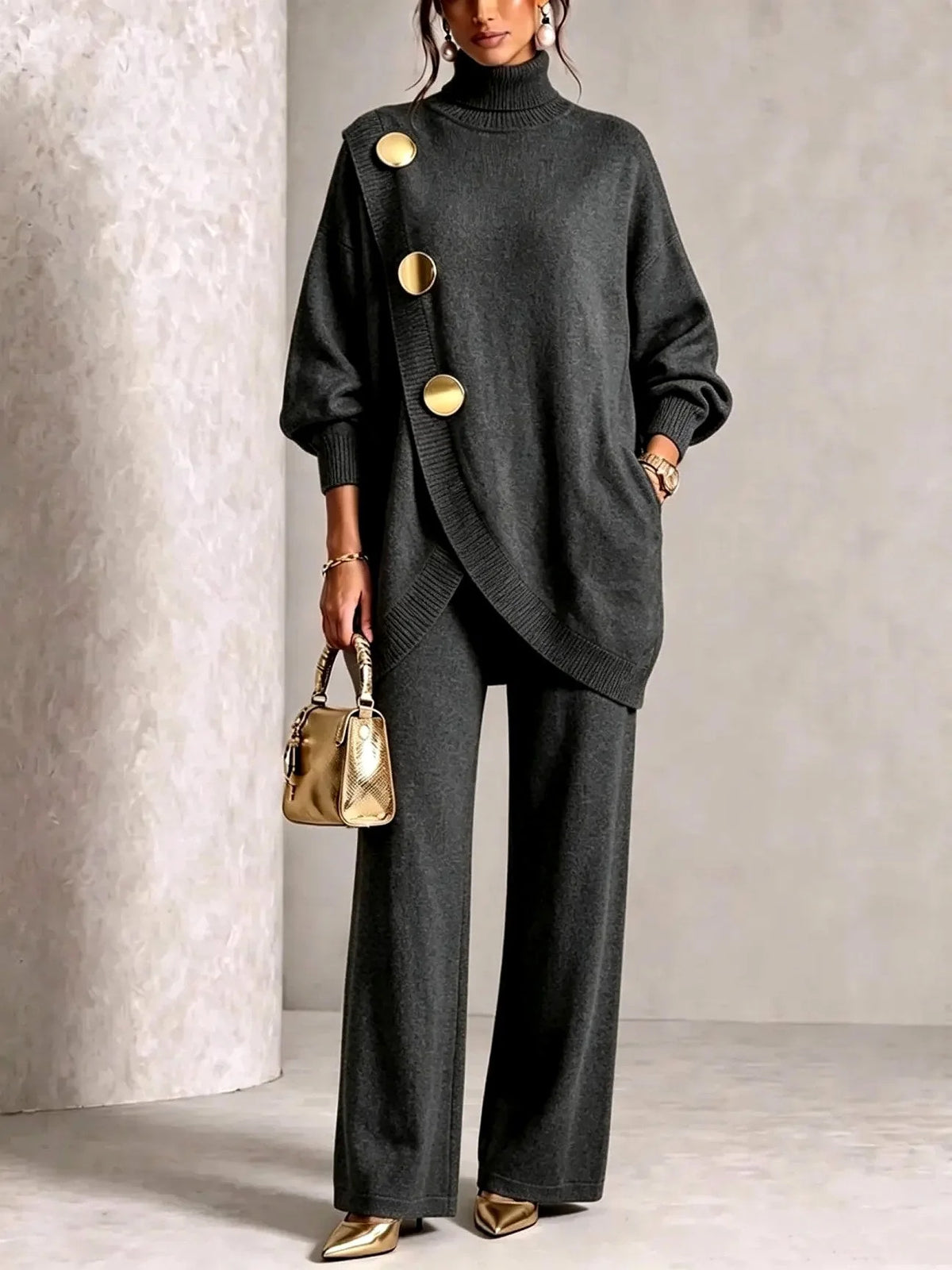 Dark Gray Women's Turtleneck Pants Set with Asymmetric Button-Front Sweater & Wide-Leg Trousers