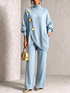 Light Blue Women's Turtleneck Pants Set with Asymmetric Button-Front Sweater & Wide-Leg Trousers