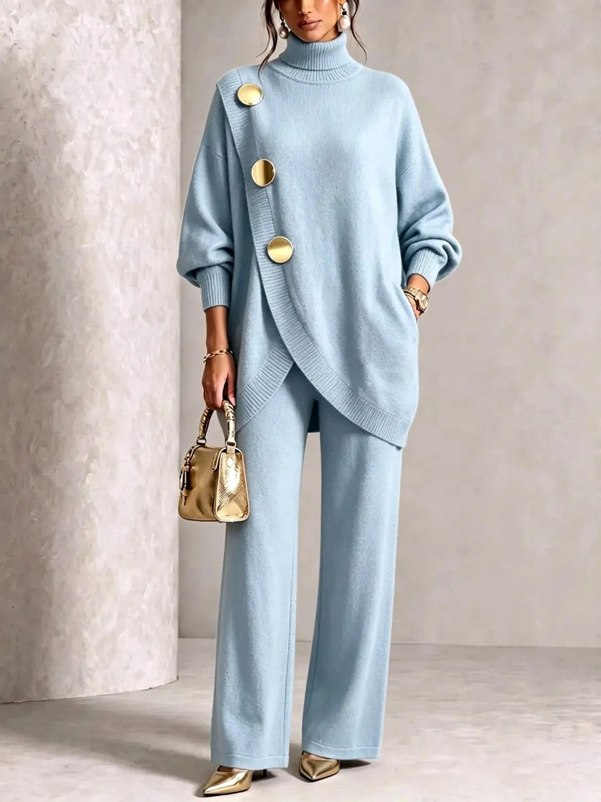 Light Blue Women's Turtleneck Pants Set with Asymmetric Button-Front Sweater & Wide-Leg Trousers