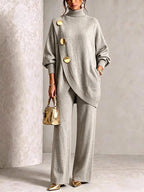 Light Gray Women's Turtleneck Pants Set with Asymmetric Button-Front Sweater & Wide-Leg Trousers