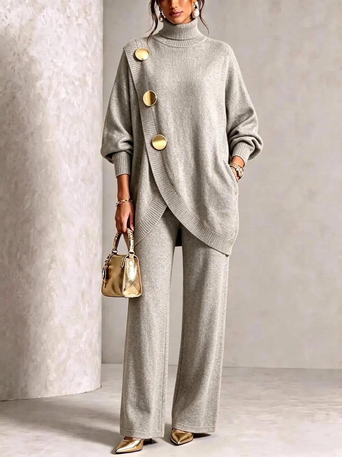 Light Gray Women's Turtleneck Pants Set with Asymmetric Button-Front Sweater & Wide-Leg Trousers