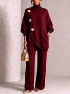 Red Women's Turtleneck Pants Set with Asymmetric Button-Front Sweater & Wide-Leg Trousers