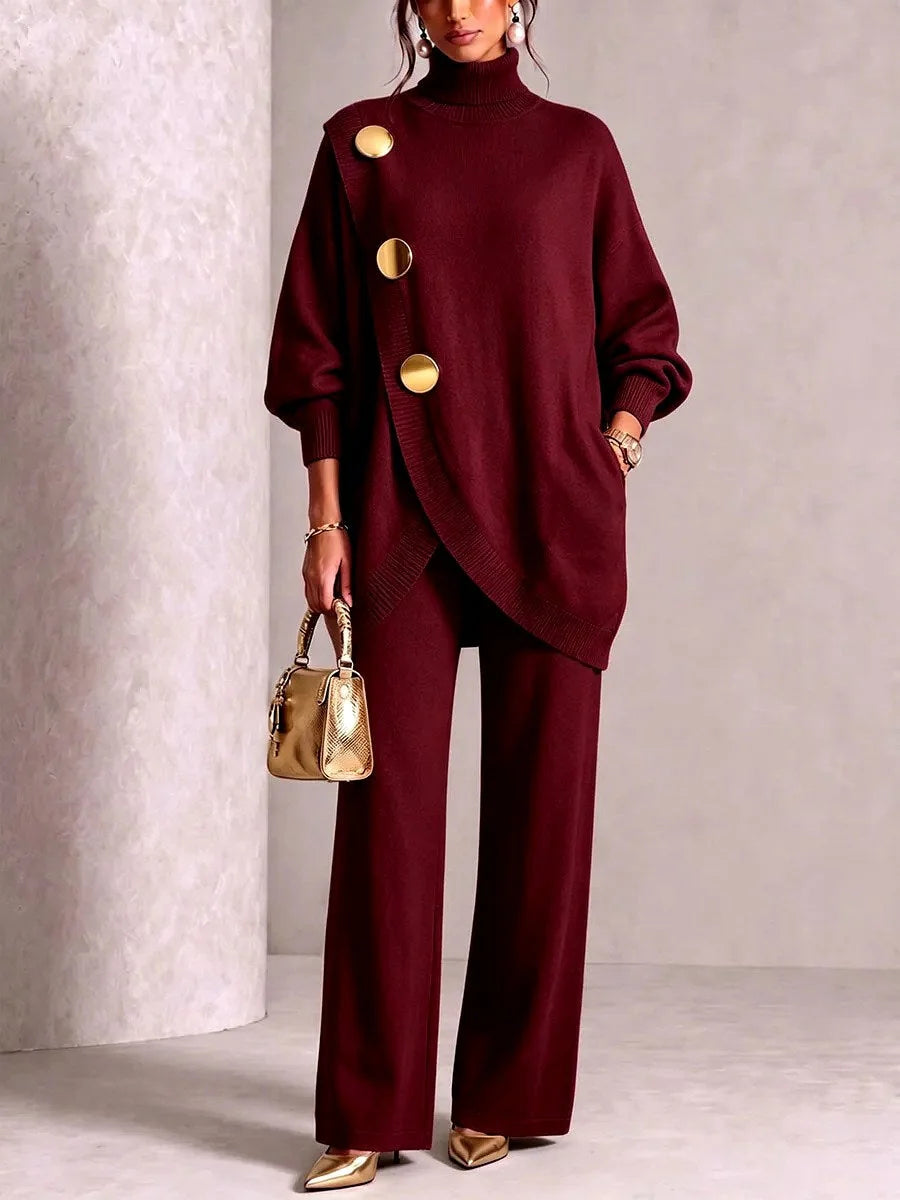 Red Women's Turtleneck Pants Set with Asymmetric Button-Front Sweater & Wide-Leg Trousers
