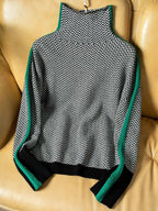 Women's Herringbone Turtleneck Sweater with Contrast Stripe Sleeves - Back Flat Lay