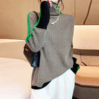 Green Women's Herringbone Turtleneck Sweater with Contrast Stripe Sleeves - Worn Lifestyle