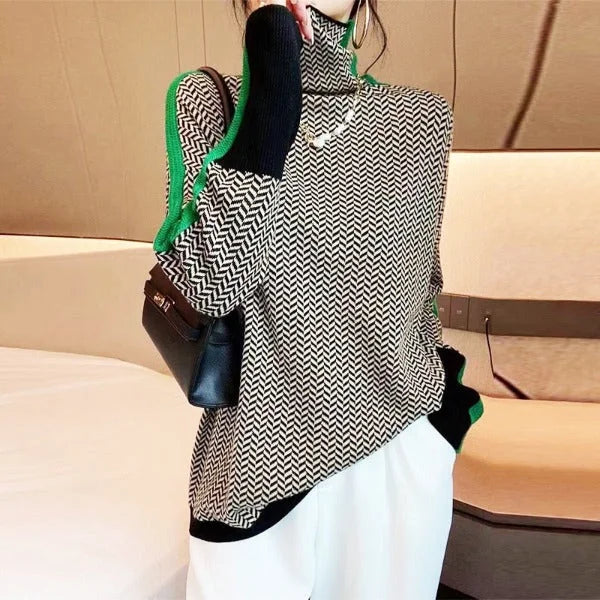 Green Women's Herringbone Turtleneck Sweater with Contrast Stripe Sleeves - Worn Lifestyle