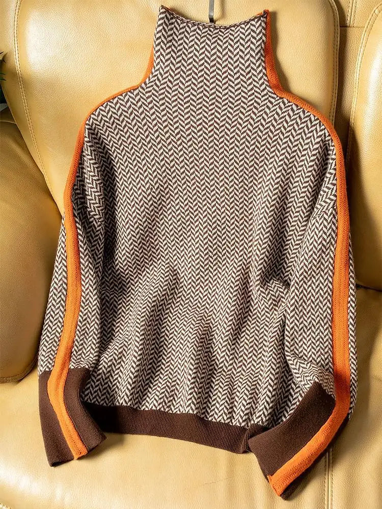 Women's Herringbone Turtleneck Sweater with Contrast Stripe Sleeves - Flat Lay