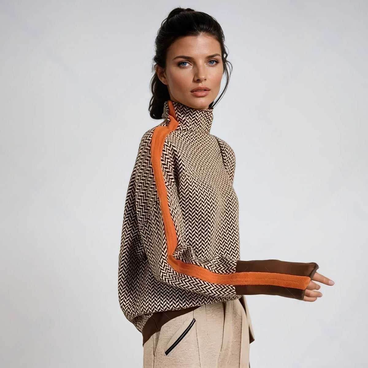 Orange Women's Herringbone Turtleneck Sweater with Contrast Stripe Sleeves - Front Studio