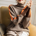 Women's Herringbone Turtleneck Sweater with Contrast Stripe Sleeves - Seated Pose