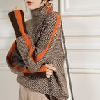 Women's Herringbone Turtleneck Sweater with Contrast Stripe Sleeves - Side Detail