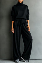 Black Women's Turtleneck Pants Set with Wide-Leg Fit & Drawstring Waist