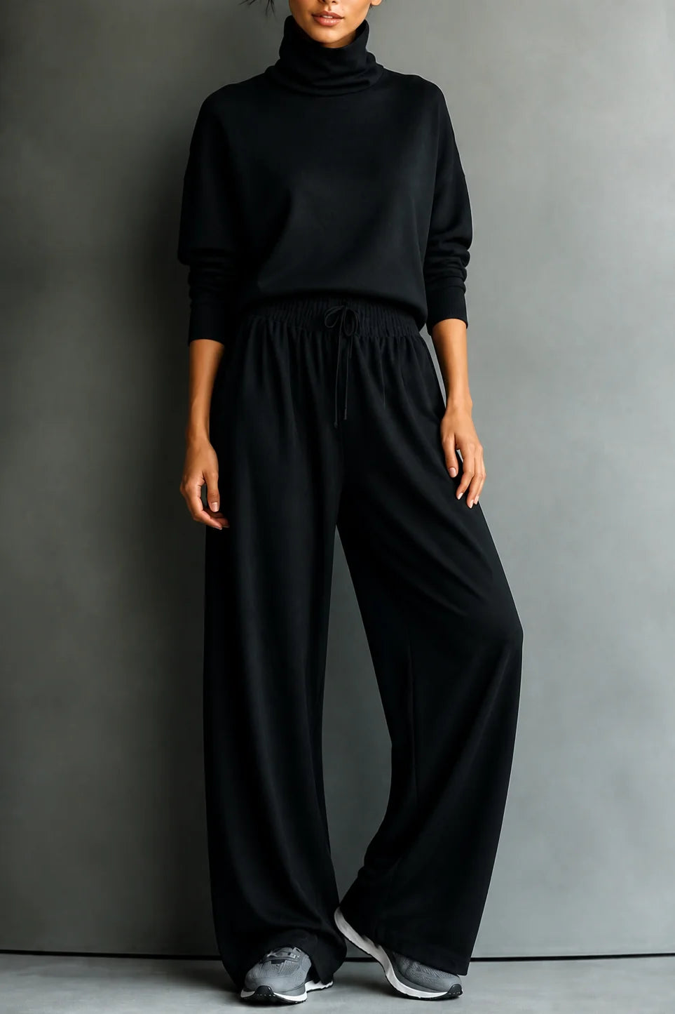 Black Women's Turtleneck Pants Set with Wide-Leg Fit & Drawstring Waist