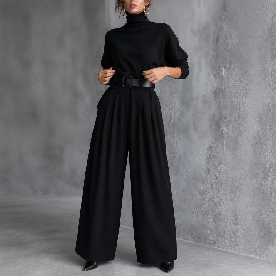 Black Women's Turtleneck Pants Set with High-Waist Wide-Leg Trousers & Belt