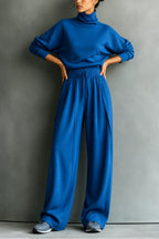 Blue Women's Turtleneck Pants Set with Wide-Leg Fit & Drawstring Waist