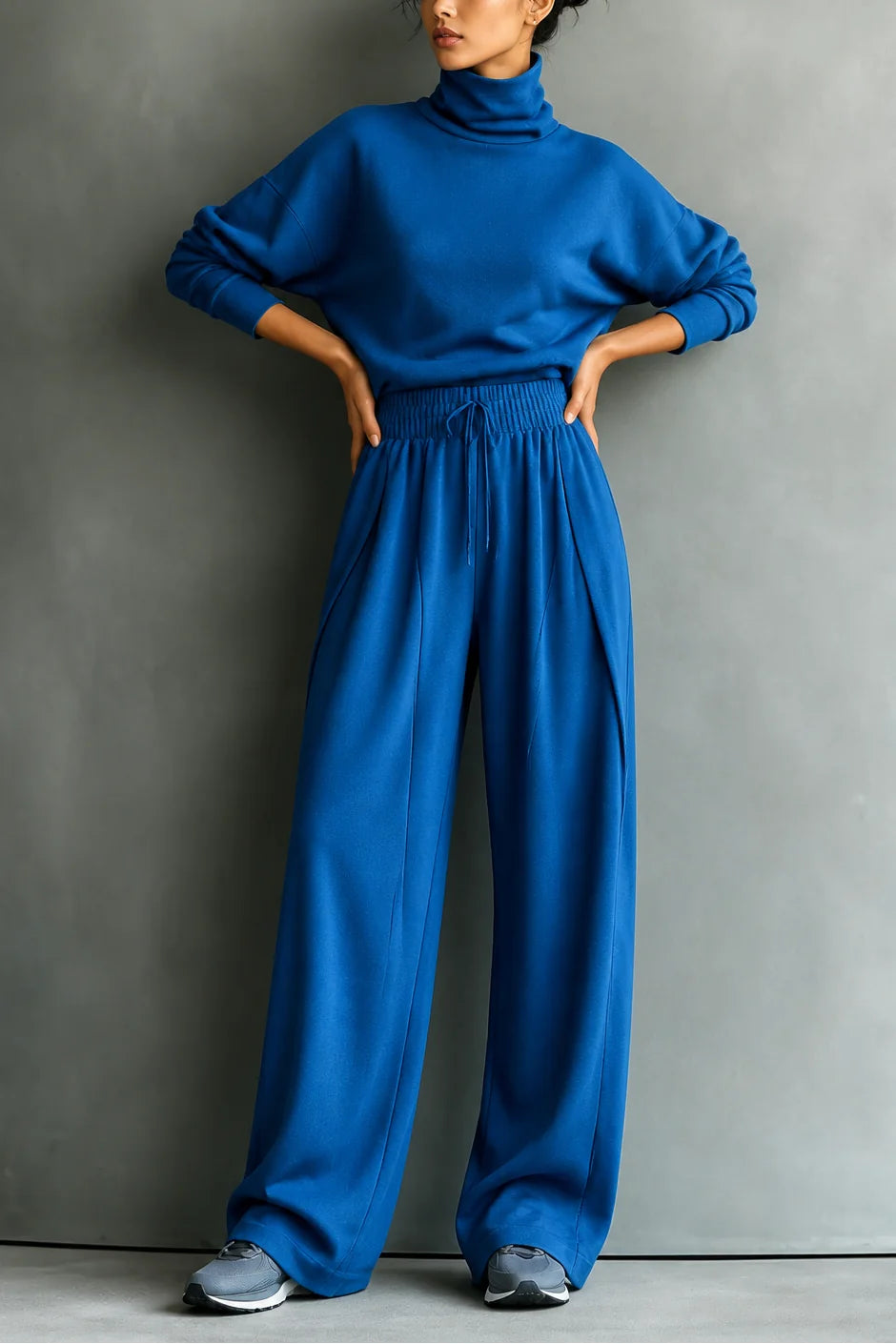 Blue Women's Turtleneck Pants Set with Wide-Leg Fit & Drawstring Waist