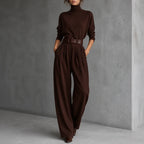 Brown Women's Turtleneck Pants Set with High-Waist Wide-Leg Trousers & Belt