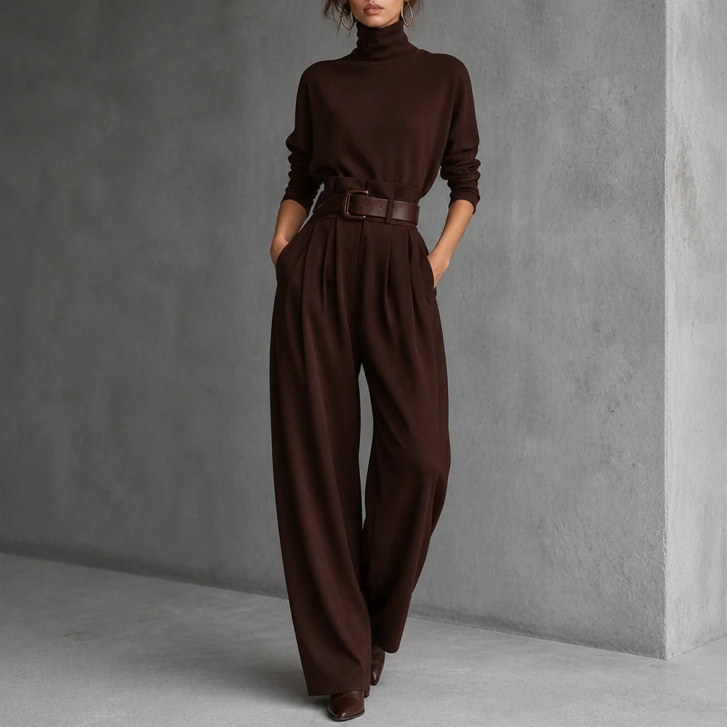 Brown Women's Turtleneck Pants Set with High-Waist Wide-Leg Trousers & Belt