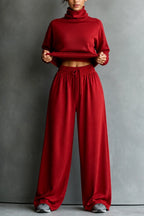 Dark Red Women's Turtleneck Pants Set with Wide-Leg Fit & Drawstring Waist