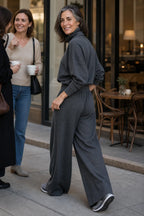 Women's Turtleneck Pants Set with Wide-Leg Fit & Drawstring Waist - Back Pose Outdoor