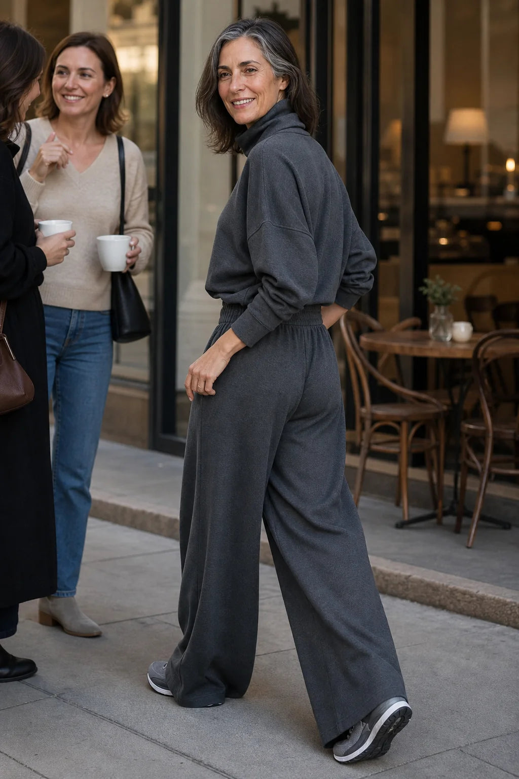 Women's Turtleneck Pants Set with Wide-Leg Fit & Drawstring Waist - Back Pose Outdoor