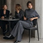 Women's Turtleneck Pants Set with High-Waist Wide-Leg Trousers & Belt - Cafe Seated Belt Detail