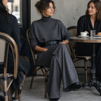 Women's Turtleneck Pants Set with High-Waist Wide-Leg Trousers & Belt - Cafe Seated Side