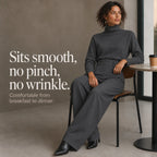 Women's Turtleneck Pants Set with High-Waist Wide-Leg Trousers & Belt - Cafe Seated Text Overlay