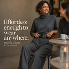 Women's Turtleneck Pants Set with High-Waist Wide-Leg Trousers & Belt - Cafe Smiling Text Overlay