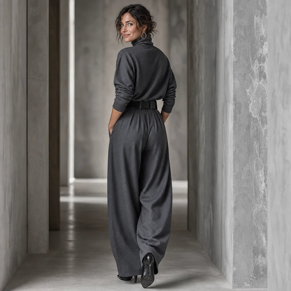 Women's Turtleneck Pants Set with High-Waist Wide-Leg Trousers & Belt - Corridor Back Pose