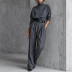 Grey Women's Turtleneck Pants Set with High-Waist Wide-Leg Trousers & Belt - Front Full Leaning Wall