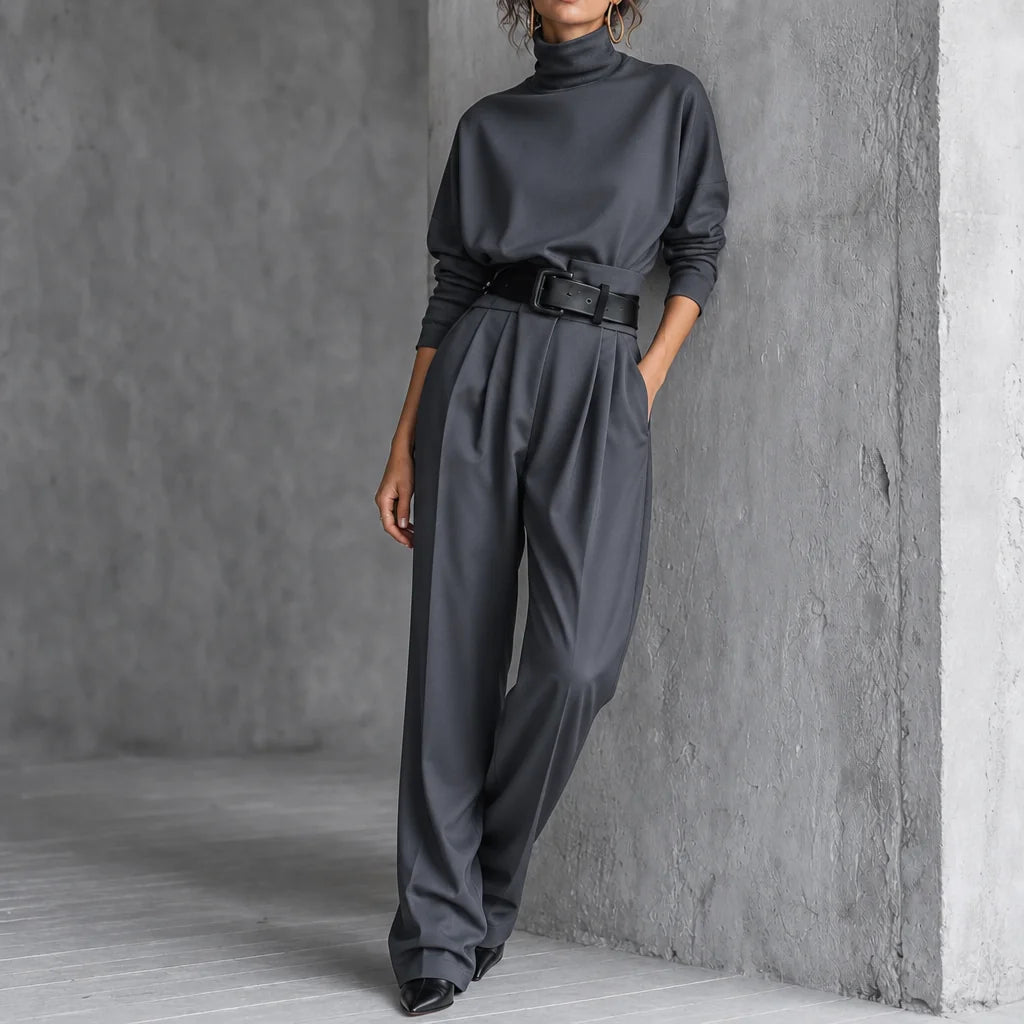 Grey Women's Turtleneck Pants Set with High-Waist Wide-Leg Trousers & Belt - Front Full Leaning Wall
