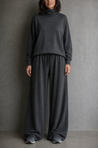 Grey Women's Turtleneck Pants Set with Wide-Leg Fit & Drawstring Waist - Front Full Studio