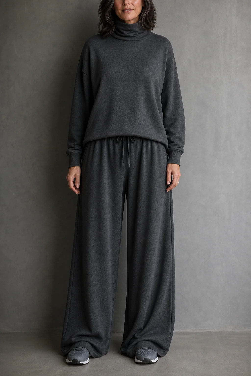 Grey Women's Turtleneck Pants Set with Wide-Leg Fit & Drawstring Waist - Front Full Studio