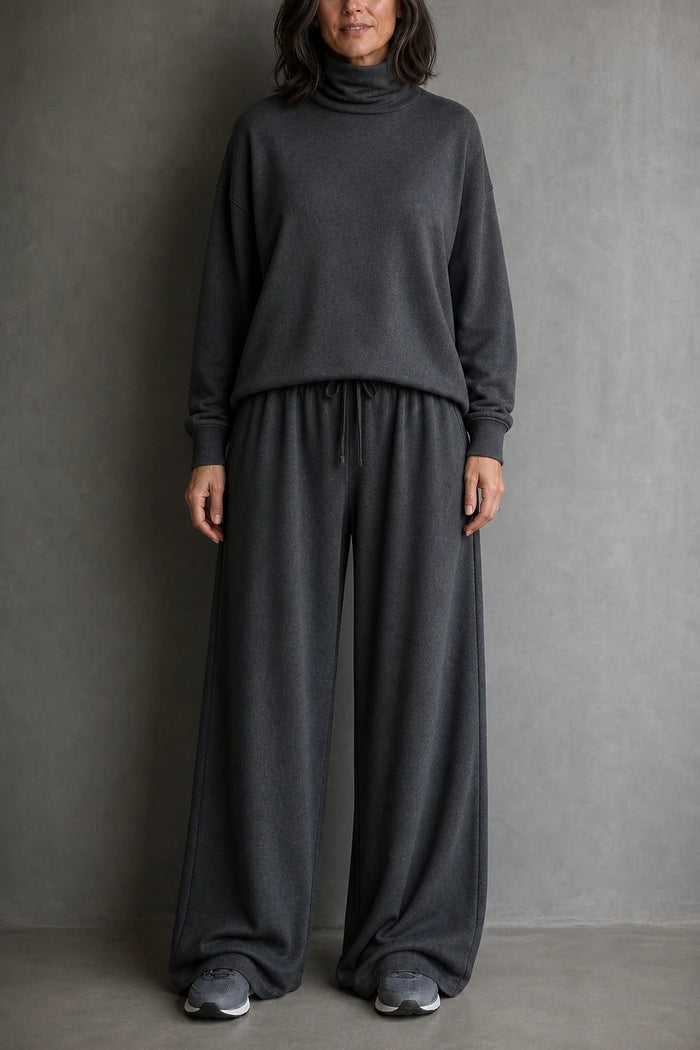 Grey Women's Turtleneck Pants Set with Wide-Leg Fit & Drawstring Waist - Front Full Studio
