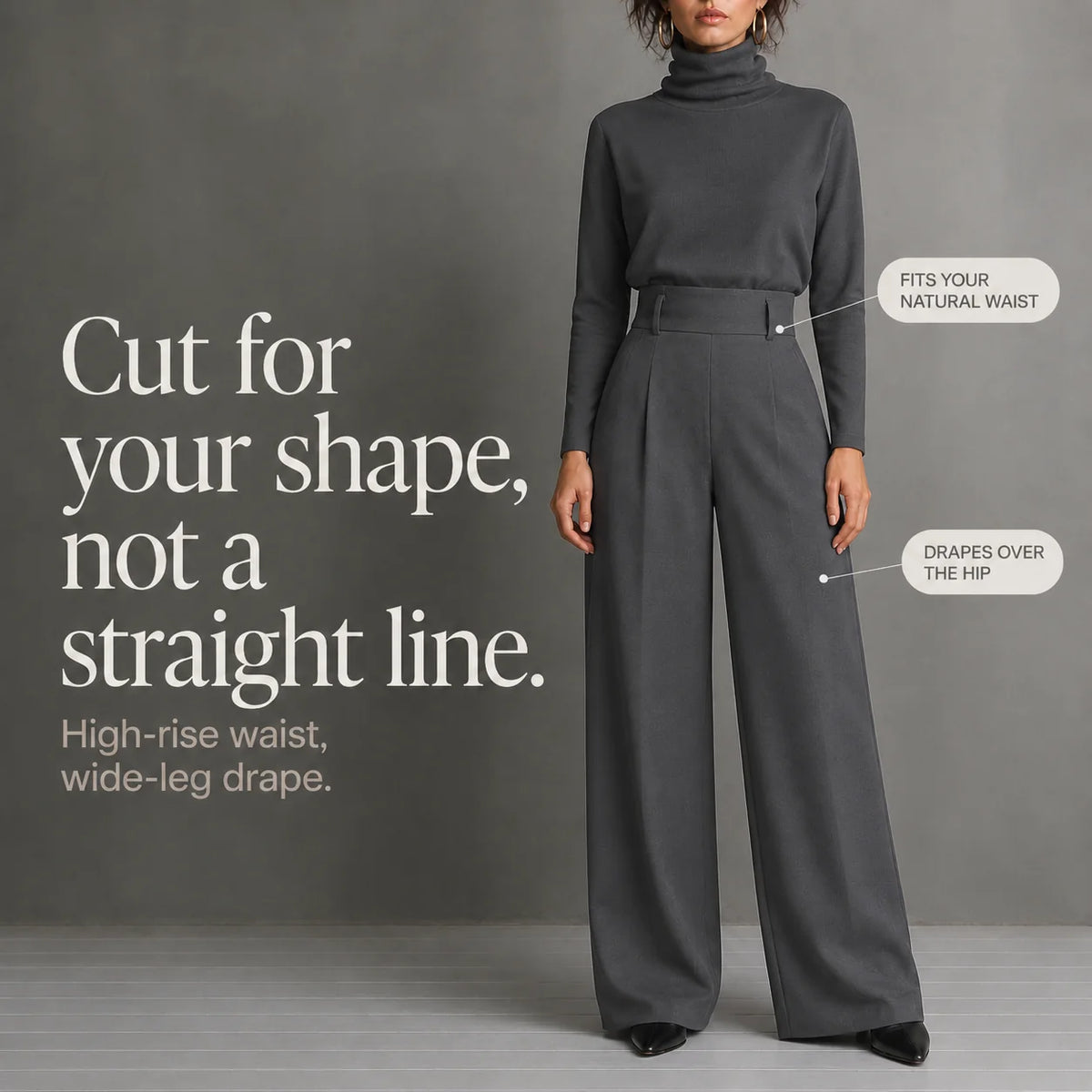 Women's Turtleneck Pants Set with High-Waist Wide-Leg Trousers & Belt - Infographic Fit Details