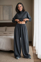 Women's Turtleneck Pants Set with Wide-Leg Fit & Drawstring Waist - Lifestyle Bedroom
