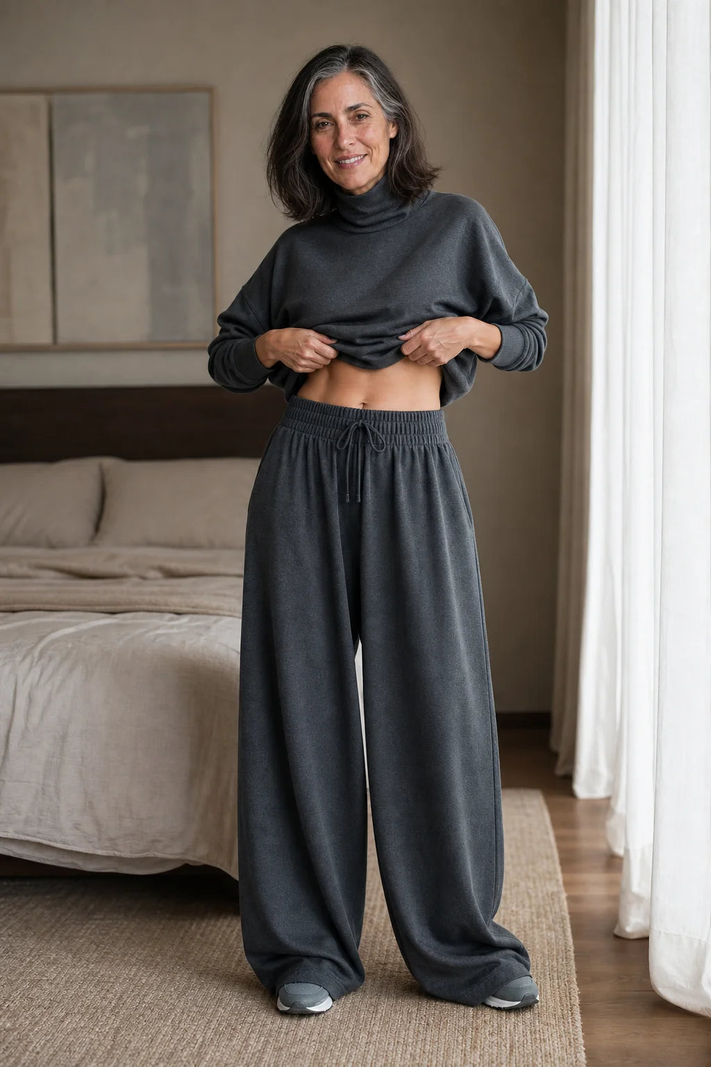 Women's Turtleneck Pants Set with Wide-Leg Fit & Drawstring Waist - Lifestyle Bedroom