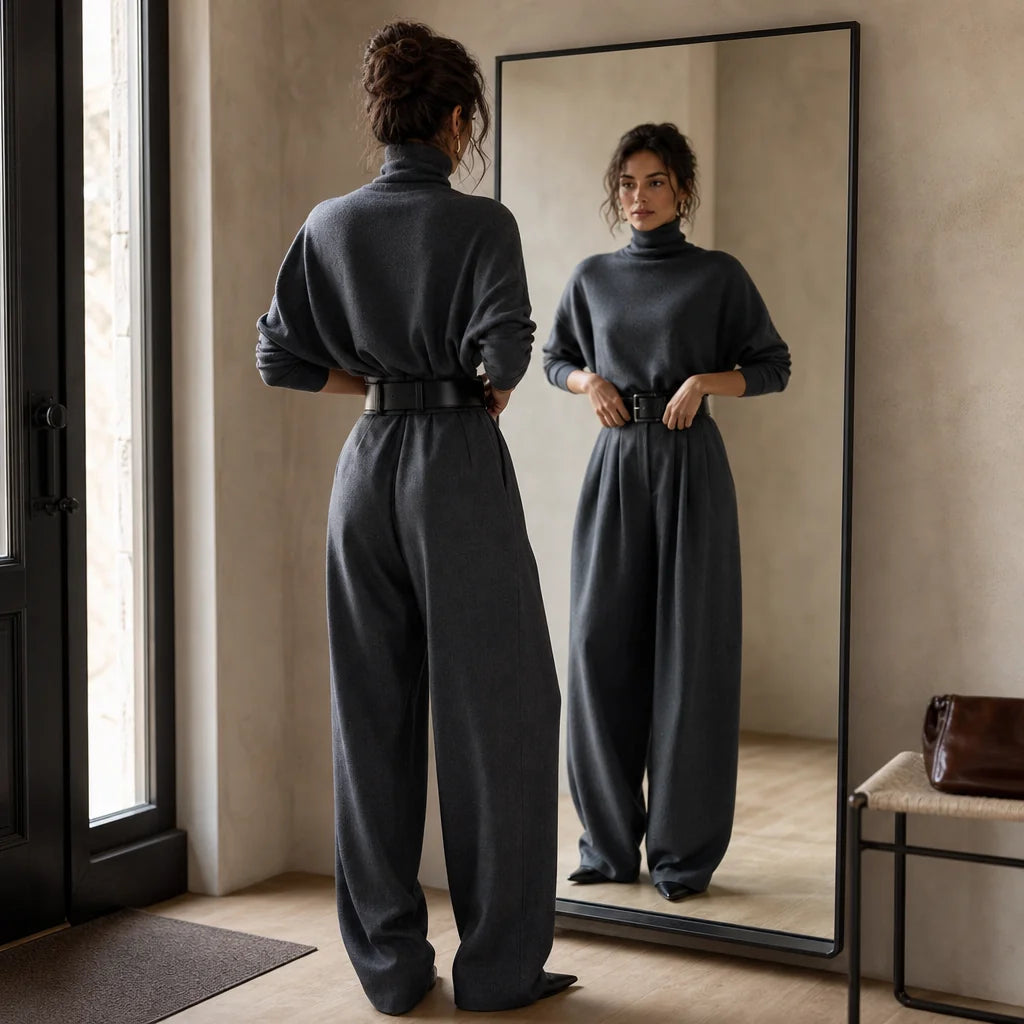 Women's Turtleneck Pants Set with High-Waist Wide-Leg Trousers & Belt - Mirror Reflection Back