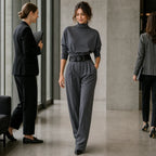 Women's Turtleneck Pants Set with High-Waist Wide-Leg Trousers & Belt - Office Hallway Walking