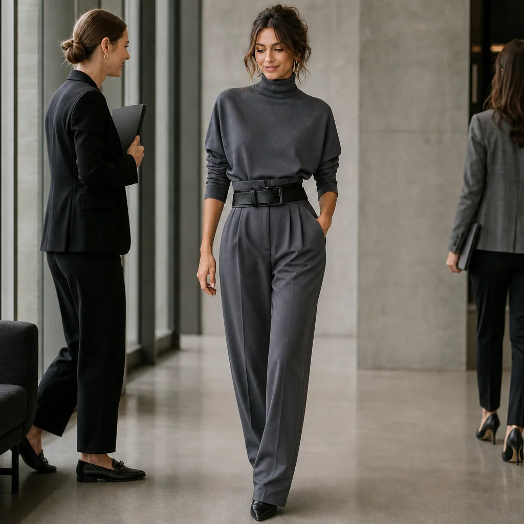Women's Turtleneck Pants Set with High-Waist Wide-Leg Trousers & Belt - Office Hallway Walking
