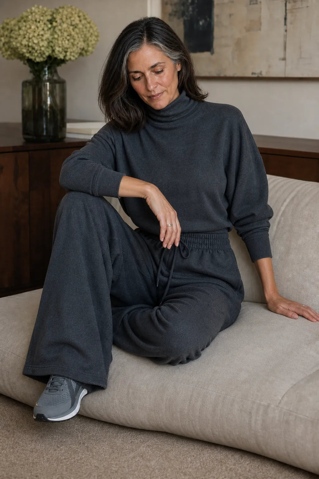 Women's Turtleneck Pants Set with Wide-Leg Fit & Drawstring Waist - Seated Lifestyle