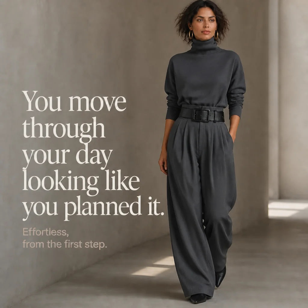 Women's Turtleneck Pants Set with High-Waist Wide-Leg Trousers & Belt - Walking Text Overlay