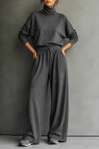 Women's Turtleneck Pants Set with Wide-Leg Fit & Drawstring Waist