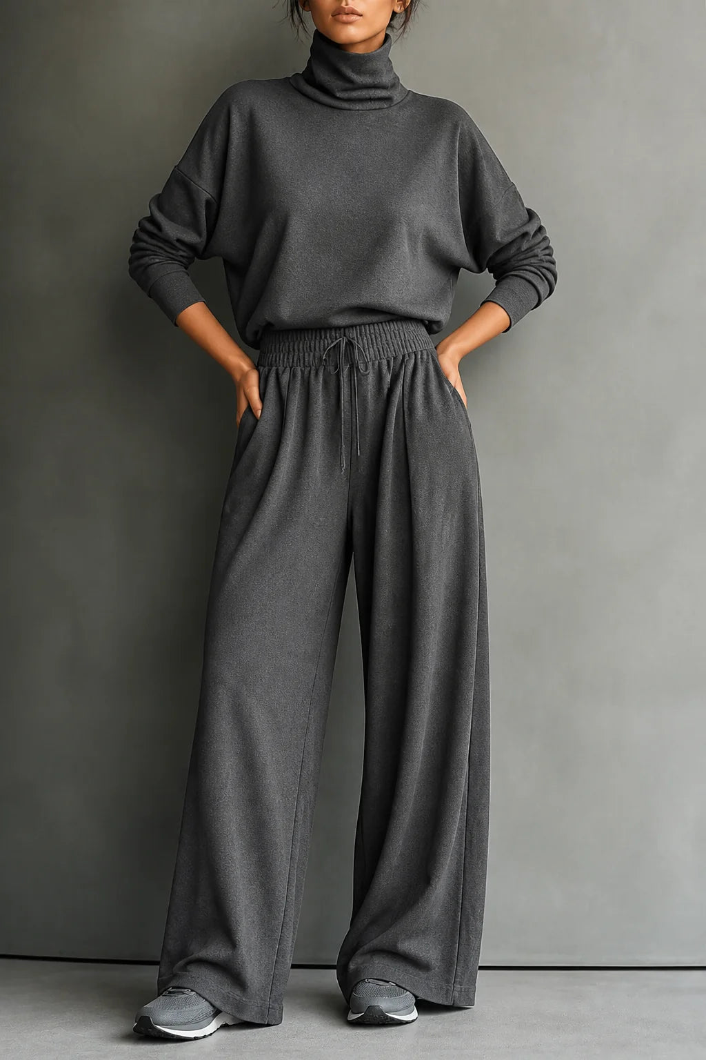 Women's Turtleneck Pants Set with Wide-Leg Fit & Drawstring Waist