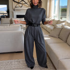 Women's Turtleneck Pants Set with High-Waist Wide-Leg Trousers & Belt