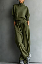 Olive Green Women's Turtleneck Pants Set with Wide-Leg Fit & Drawstring Waist