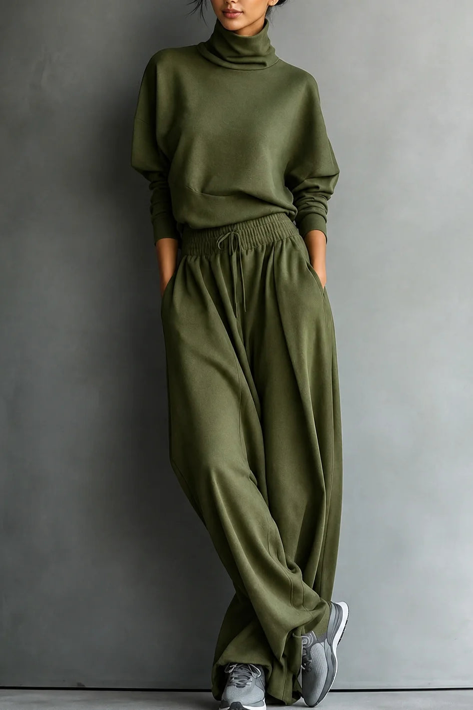 Olive Green Women's Turtleneck Pants Set with Wide-Leg Fit & Drawstring Waist