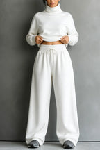 White Women's Turtleneck Pants Set with Wide-Leg Fit & Drawstring Waist