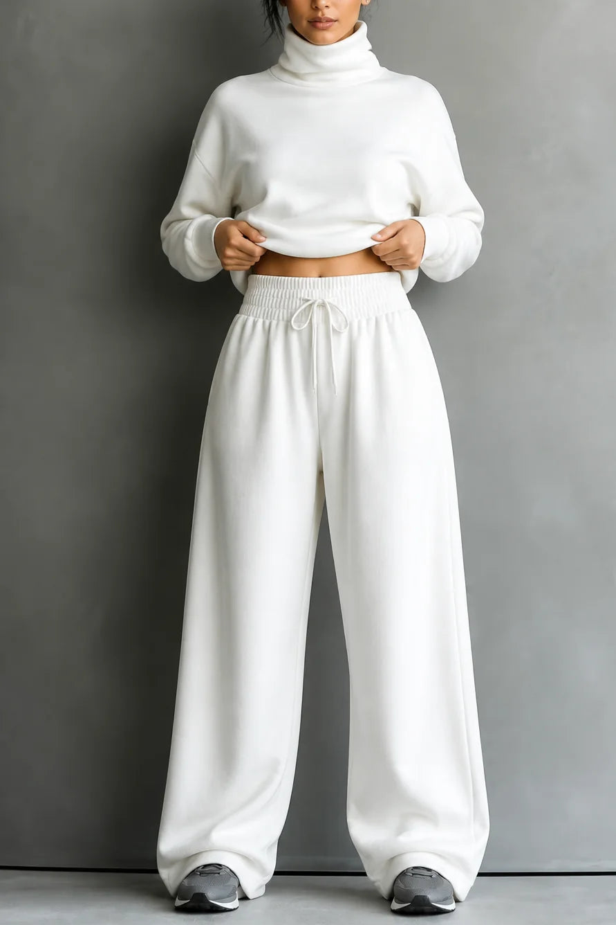 White Women's Turtleneck Pants Set with Wide-Leg Fit & Drawstring Waist