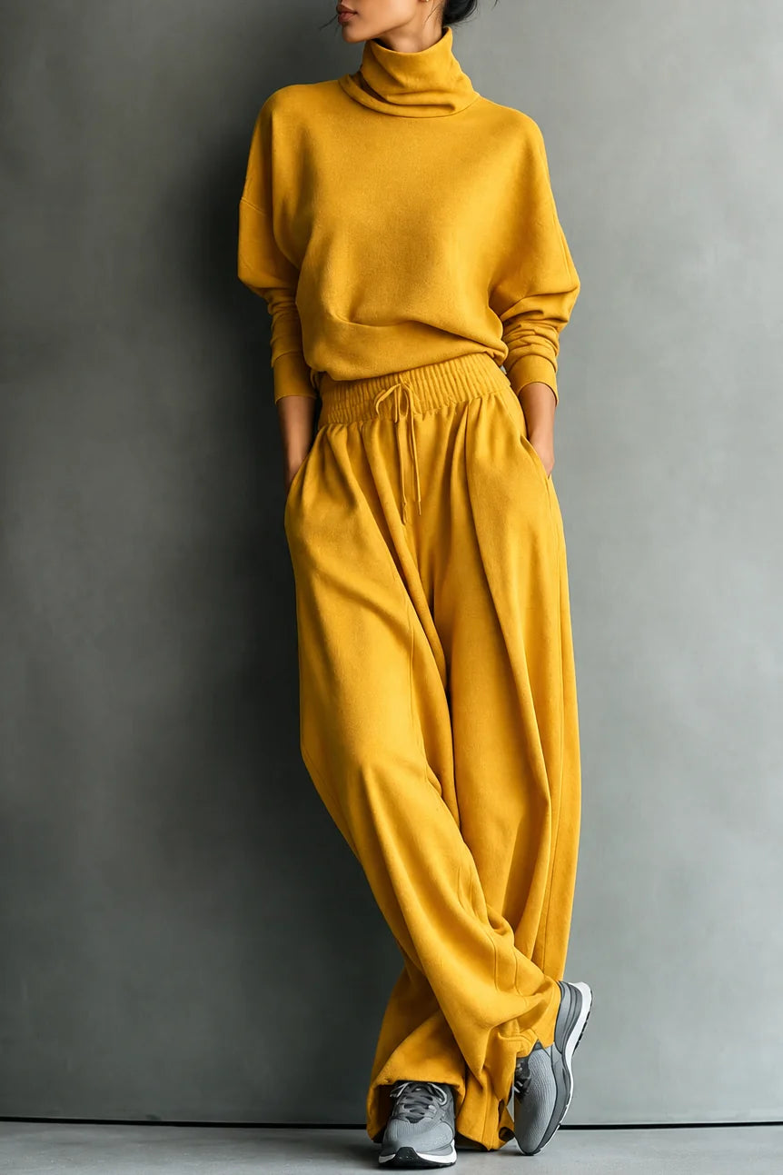 Yellow Women's Turtleneck Pants Set with Wide-Leg Fit & Drawstring Waist
